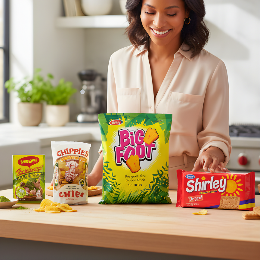 Woman in a kitchen with bags of snacks including Big Foot, Chippies, Shirley biscuit and Maggi All Purpose.