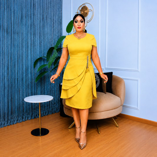 Crew Neck Short Sleeve Asymmetric 3-Tier Side Split with Brooch Dress