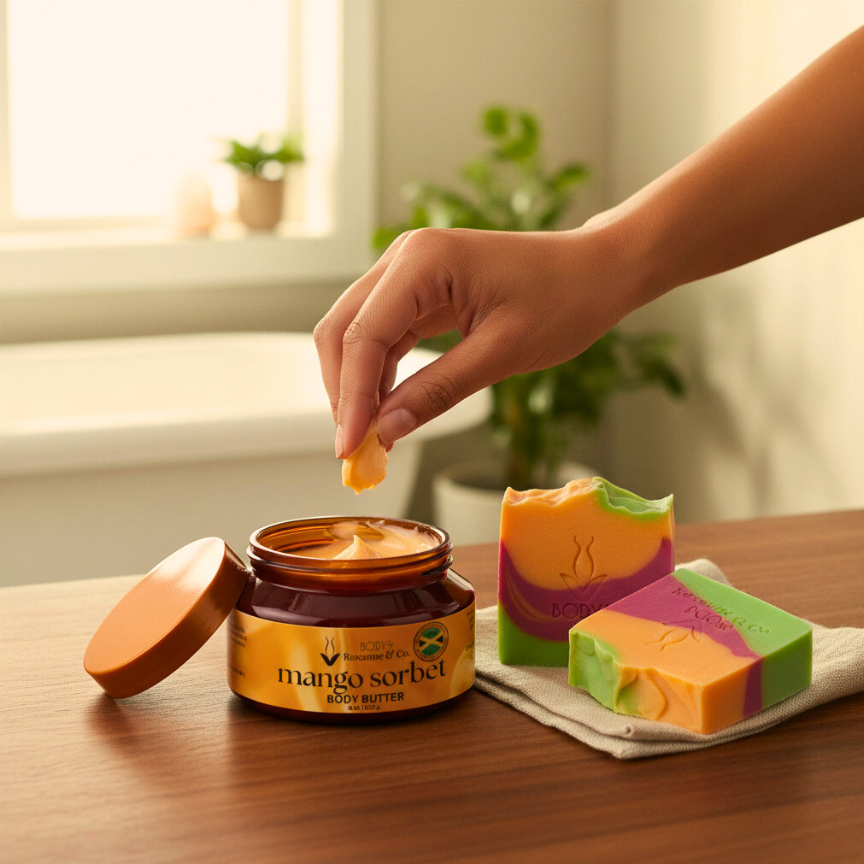 Contains Mango Sorbet Body Butter and Body By Roxanne Bar Soap