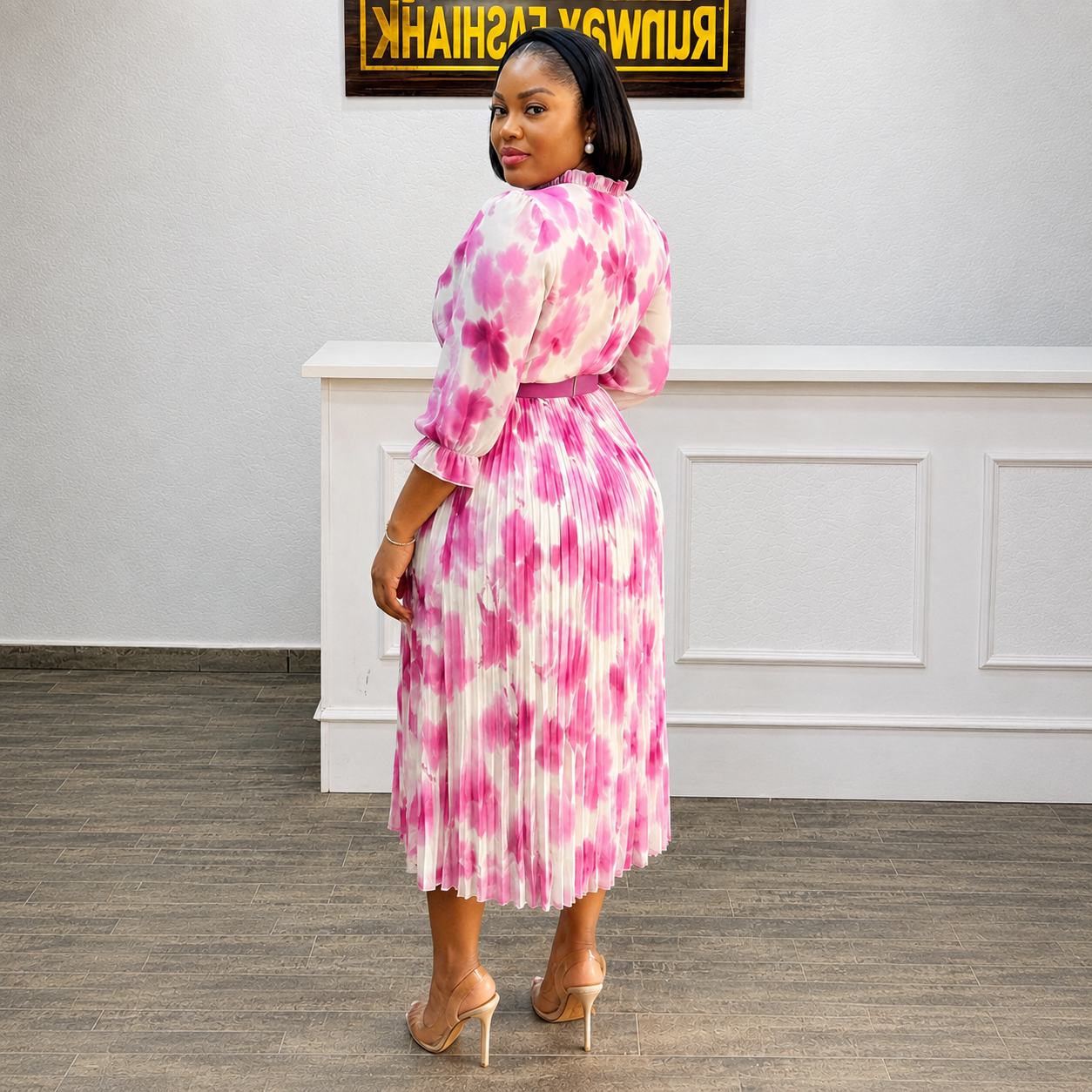 High neck long sleeve ruffle hem pleated w/ belt dress