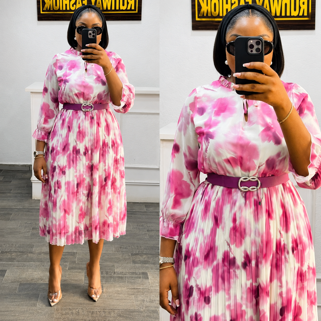 High neck long sleeve ruffle hem pleated w/ belt dress