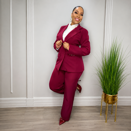 Octavia Wine Double-Breasted Pant Suit