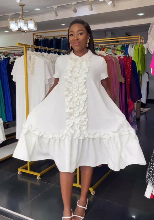 Kokobella Beaded Collar Scrunched Piping Dress