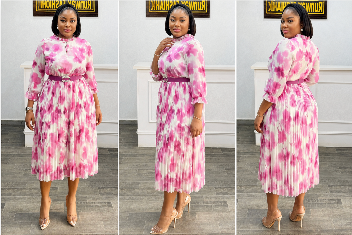 High neck long sleeve ruffle hem pleated w/ belt dress