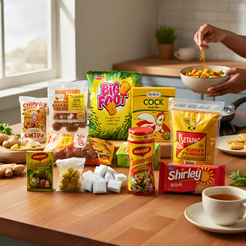 Various food products: Tamarind Balls, Chippies, Grace Cock Soup, Maggi All Purpose, Maggi Shaker, Shirley Biscuit, Betapac Curry Powder and Big Foot.