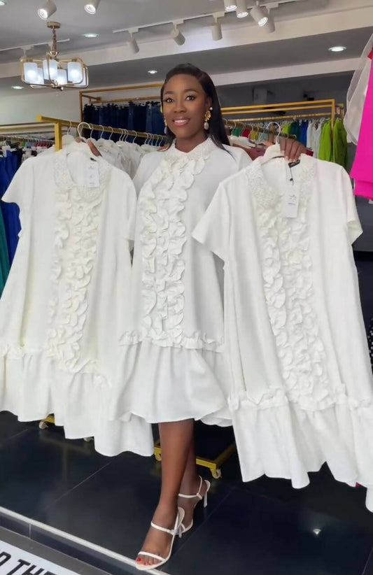 Kokobella Beaded Collar Scrunched Piping Dress