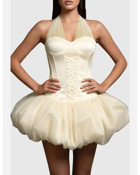 Amstoosh ivory corset bubble-hem dress — detail of corset bodice and hem
