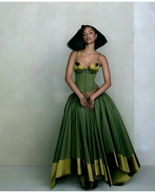 Amstoosh lime green two-piece corset bustier and full skirt set — front view on model