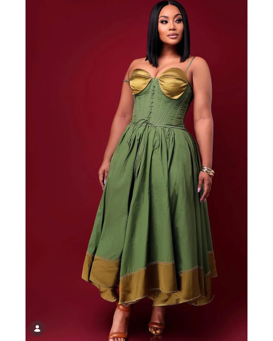 Amstoosh lime green corset top and gold-trim skirt set — styled view