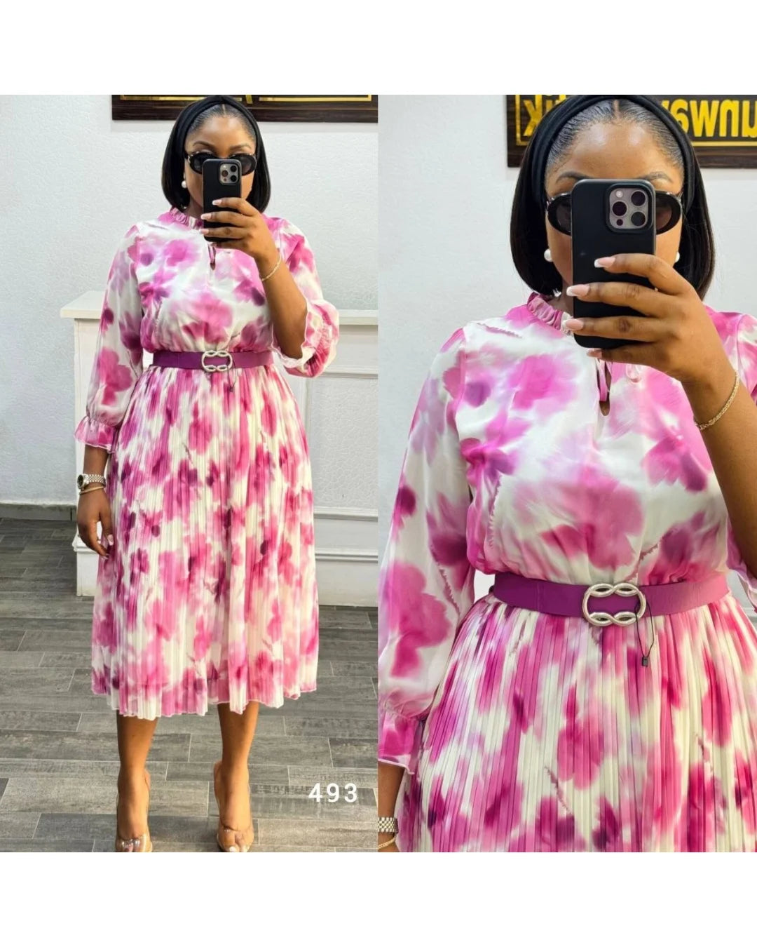 Koko Bella pink pleated long-sleeve belted midi dress — on model