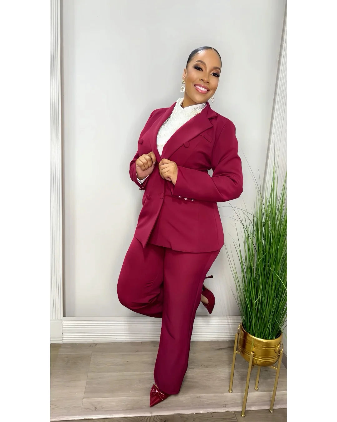 Koko Bella Wine Double-Breasted Pant Suit — full view on model