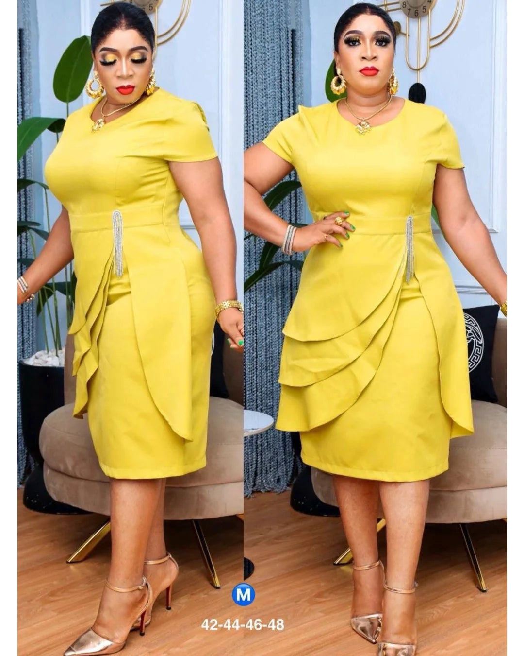 Koko Bella yellow short-sleeve dress with asymmetric tiered side drape — on models