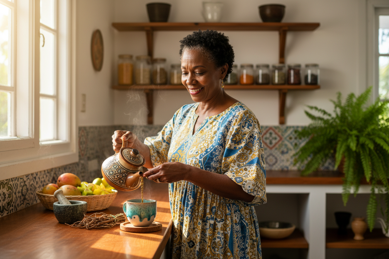 Caribbean woman brewing sarsaparilla root tea