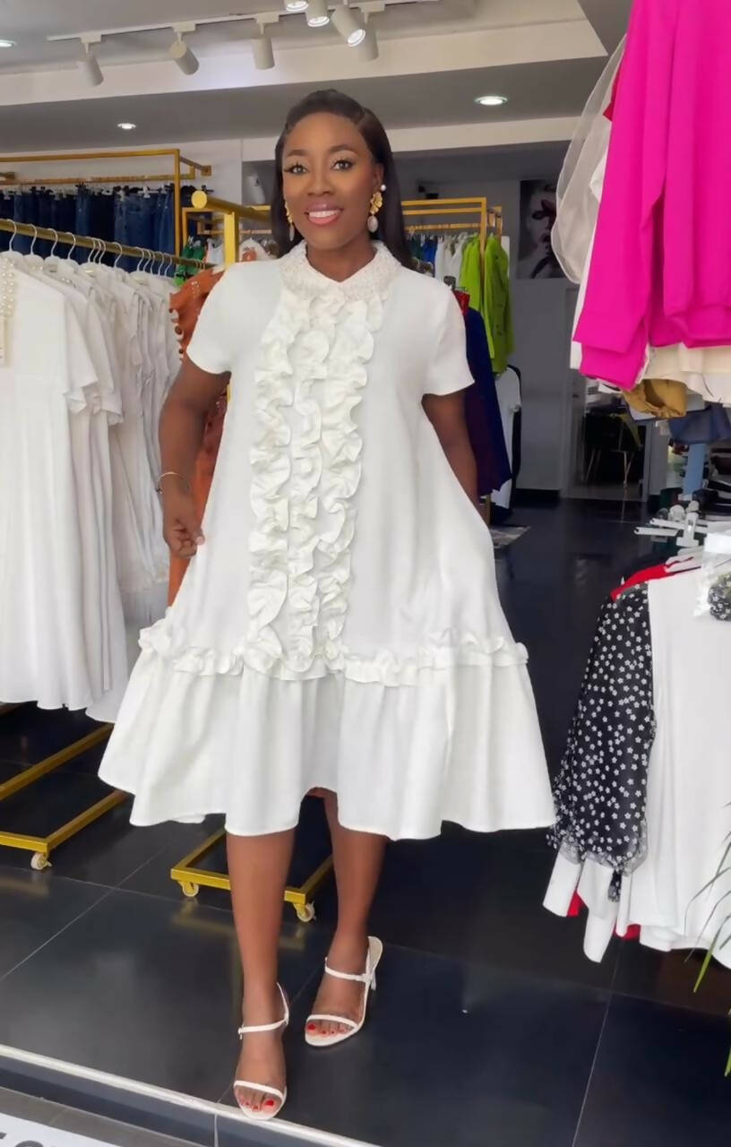 Kokobella Beaded Collar Scrunched Piping Dress