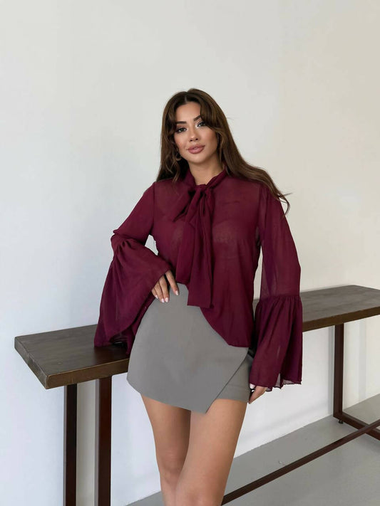 Kokobella Sheer Oversize Sleeve Bow Neck Blouse