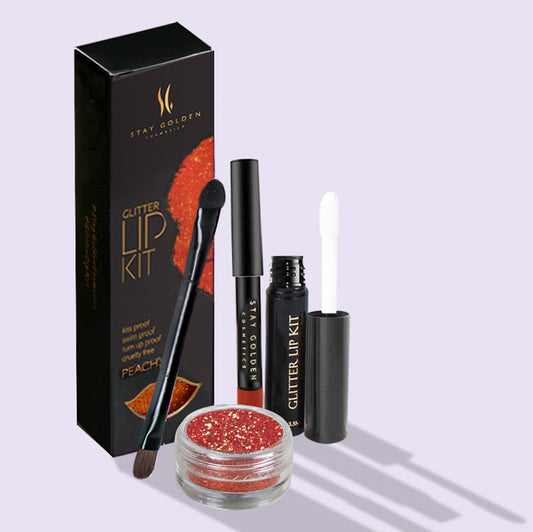 Peachy Glitter Lip Kit, Glitter lipstick, Glitter lips, Lip glitter, Stay Golden Cosmetics, Red glitter lipstick